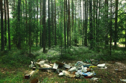 A forested area with tall, slender trees and dense green foliage in the background, showing a small patch of cleared ground at the foreground. On the ground, there is a scattered pile of household waste, including cardboard boxes, plastic bags, paper, and other debris, indicating illegal rubbish dumping. The waste appears to be haphazardly dumped, with some items leaning or partially crumpled, contrasting with the natural environment surrounding it. The scene suggests an outdoor setting possibly near Barnet or a similar suburban area, where illegal rubbish disposal has occurred, highlighting the need for professional rubbish removal services to clean up such sites. The natural light filtering through the tree canopy illuminates the waste and the surrounding woodland, emphasizing the impact of littering on the local environment and the importance of responsible waste management.