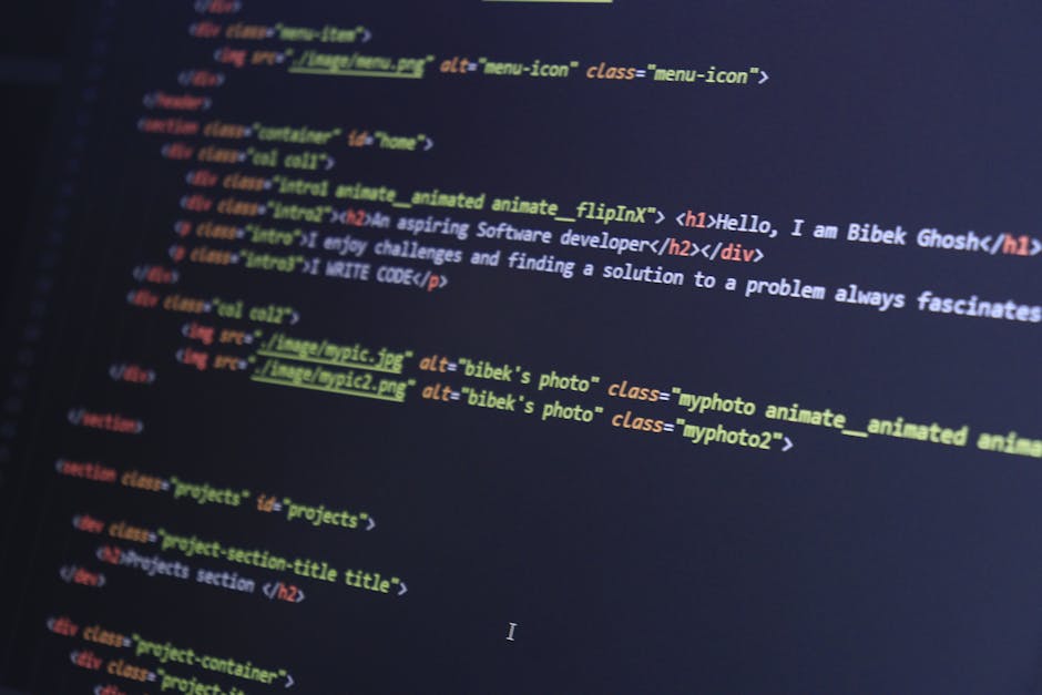 The image displays a computer screen filled with lines of colorful programming code, primarily in shades of white, pink, blue, and green, set against a dark background. The code appears to be JavaScri